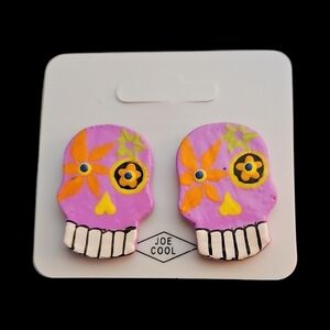 3/$30 JOE COOL Handpainted Wood Day of the Dead Sugar Skull Gasparilla Earrings
